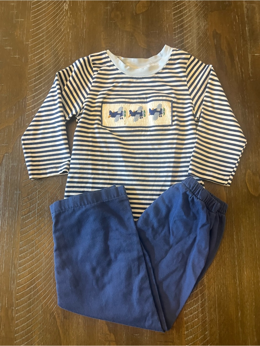 Smockingbird Boys Size 4 Navy Stripe Smocked Airplane 2pc Set